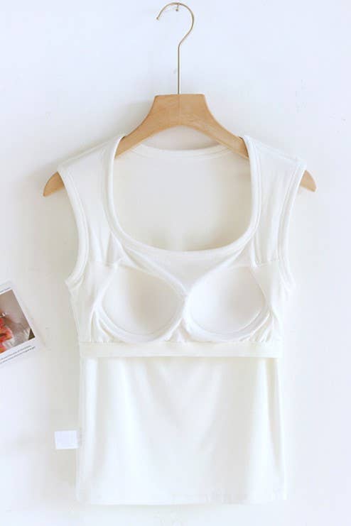 Queen-anne neck cotton blend built-in bra tank top: Black / L