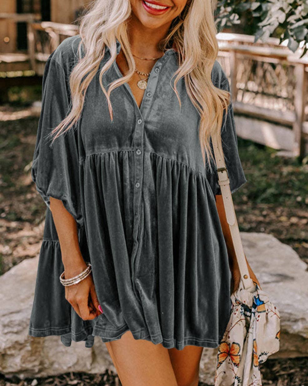 Velvet 3/4 Sleeve Tunic Babydoll Shirt: Pale Khaki / 95%Polyester+5%Elastane / S