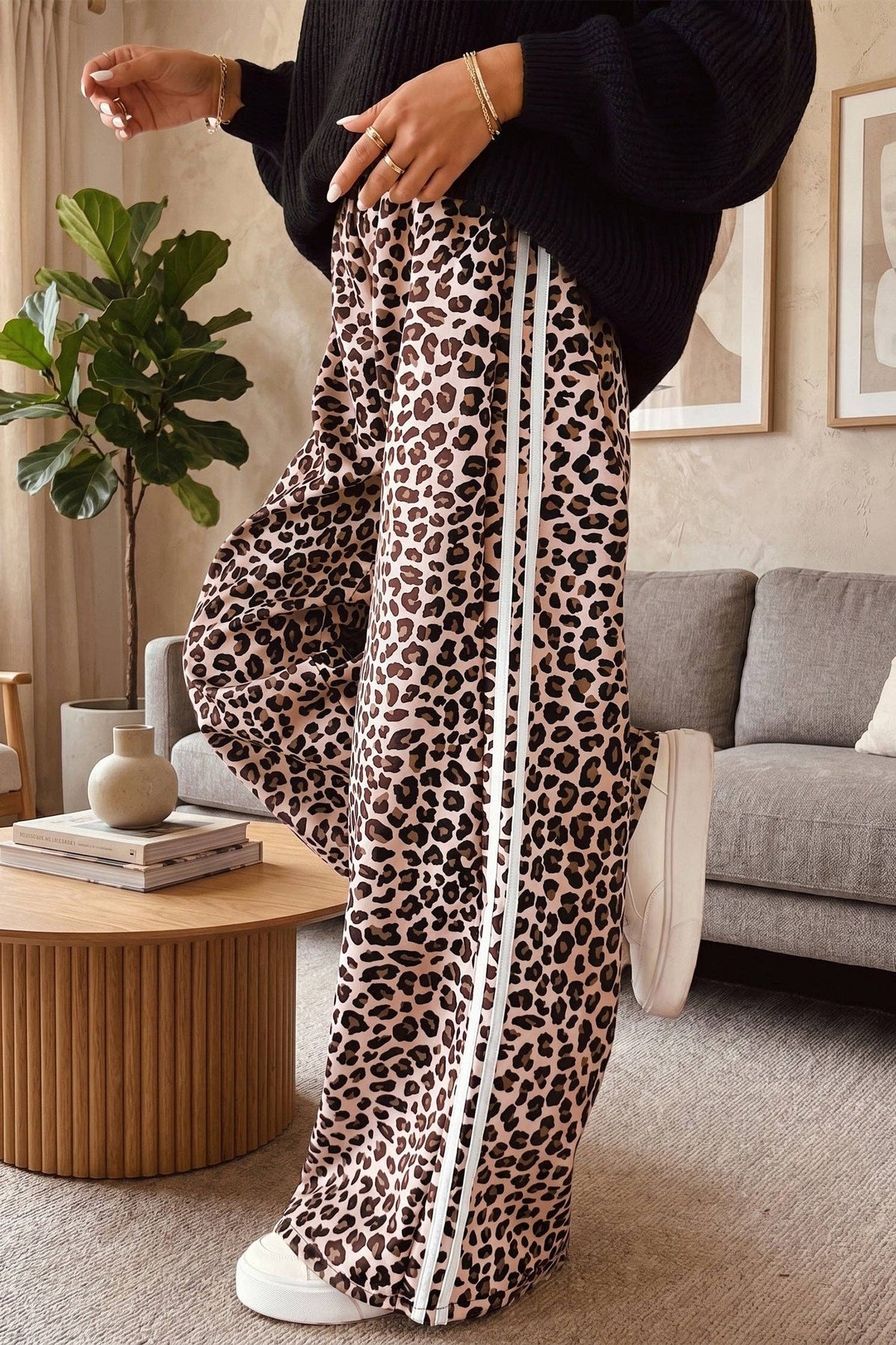 Beige Leopard Print Side Striped Detail Casual Wide Leg Pants: Beige / 100%Polyester / S
