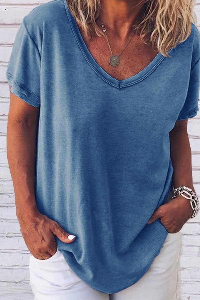 CWTTS1057_V NECK SOLID COLOR CASUAL SHORT SLEEVED T SHIRT: Blue / (XXL) 1