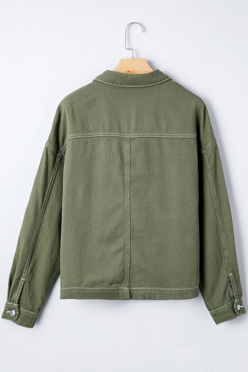 Smoke Green Patched Pocket Collared Button Front Boyfriend Denim Jacket: Smoke Green / 100%Cotton / M