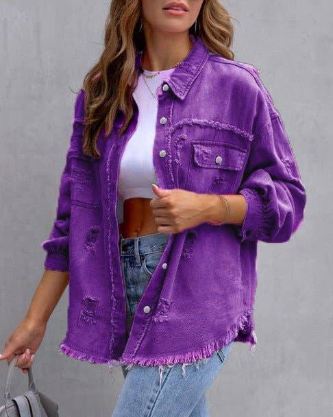 Ripped Long-Sleeved Denim Jacket: Black / XL