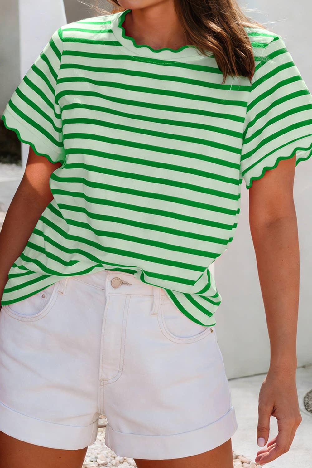 LDC Spring Scalloped Trim Round Neck Stripe T Shirt| S-4X: Green Stripe-2 / M