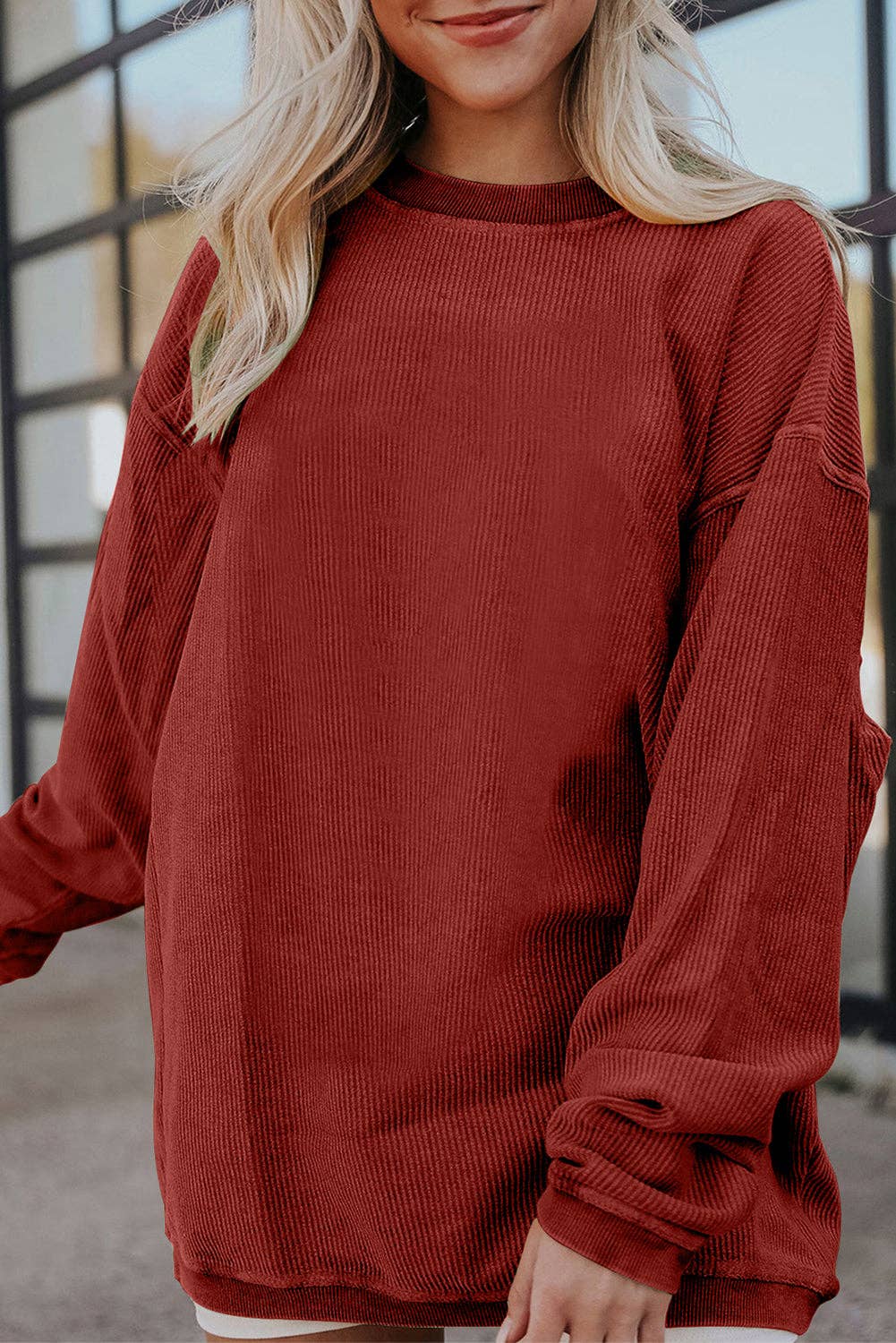 Ribbed Corded Oversized Sweatshirt: Grass Green / 100%Polyester / M