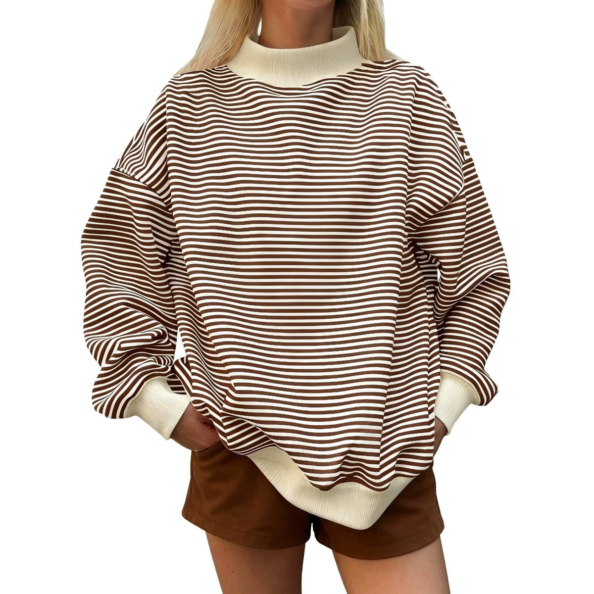 Oversized Striped Mock Neck Sweatshirt: Black / M