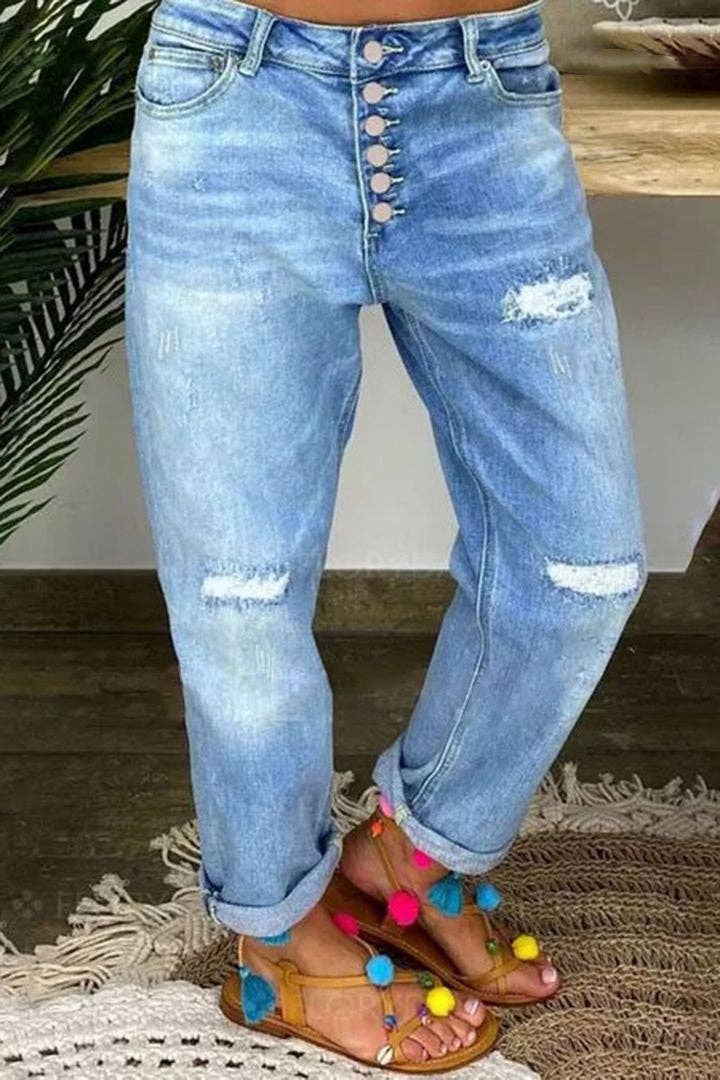 Women's Casual Blue Ripped Loose-Fit Jeans: Blue / S